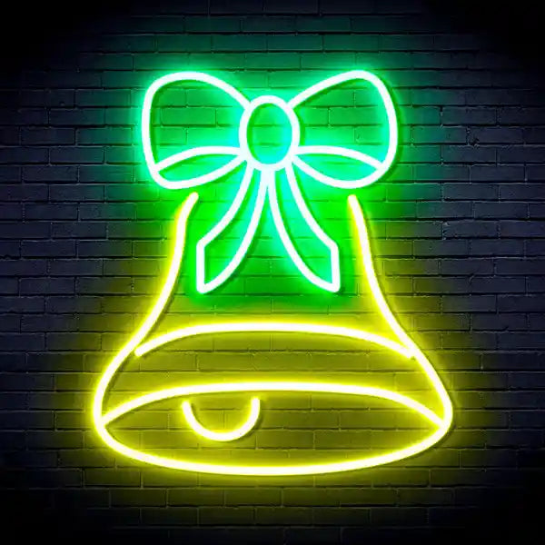 Bell with Ribbon Bow Merry Christmas Neon Sign by LEDNeons- Green and Yellow