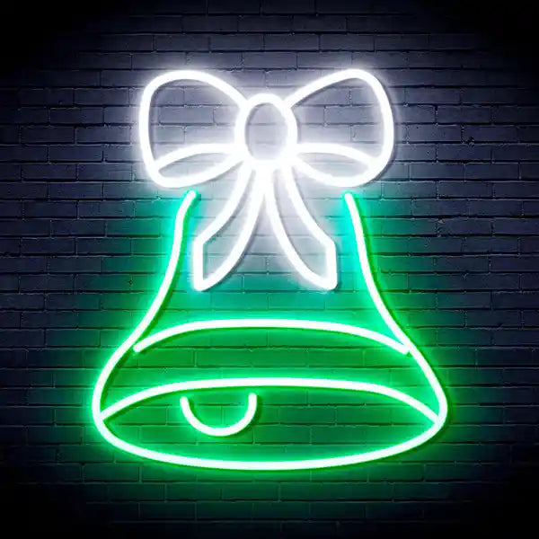 Bell with Ribbon Bow Merry Christmas Neon Sign by LEDNeons - White and green
