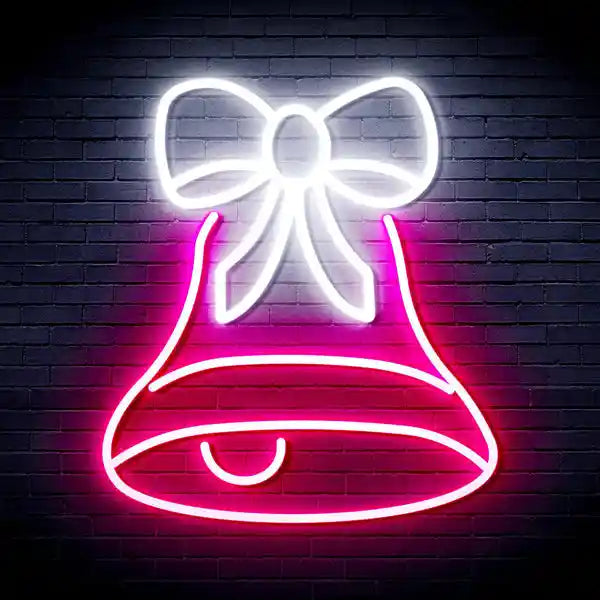 Bell with Ribbon Bow Merry Christmas Neon Sign by LEDNeons - White and red