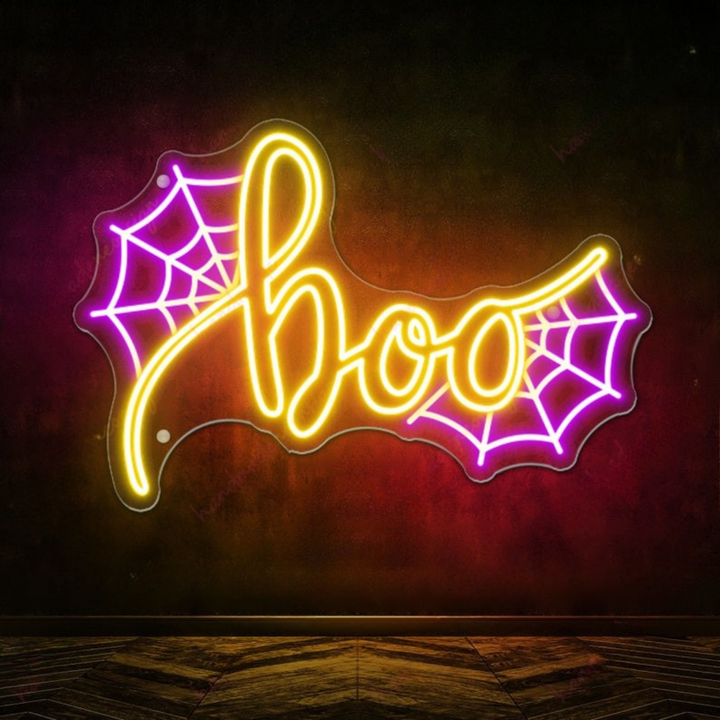 Boo Spider web Halloween LED Neon Sign by LEDNeons - the word ‘Boo’ alongside a glowing spider web, perfect for Halloween decor.