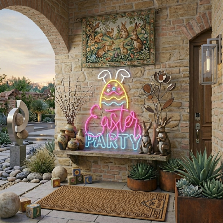 Bright Easter Party neon sign glowing on wall by LEDNeons