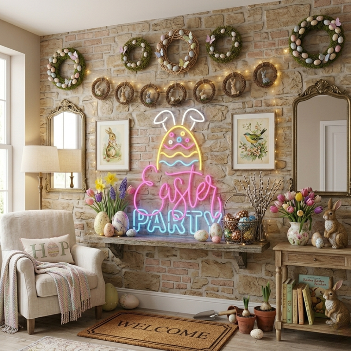 Bright Easter Party neon sign glowing on wall by LEDNeons