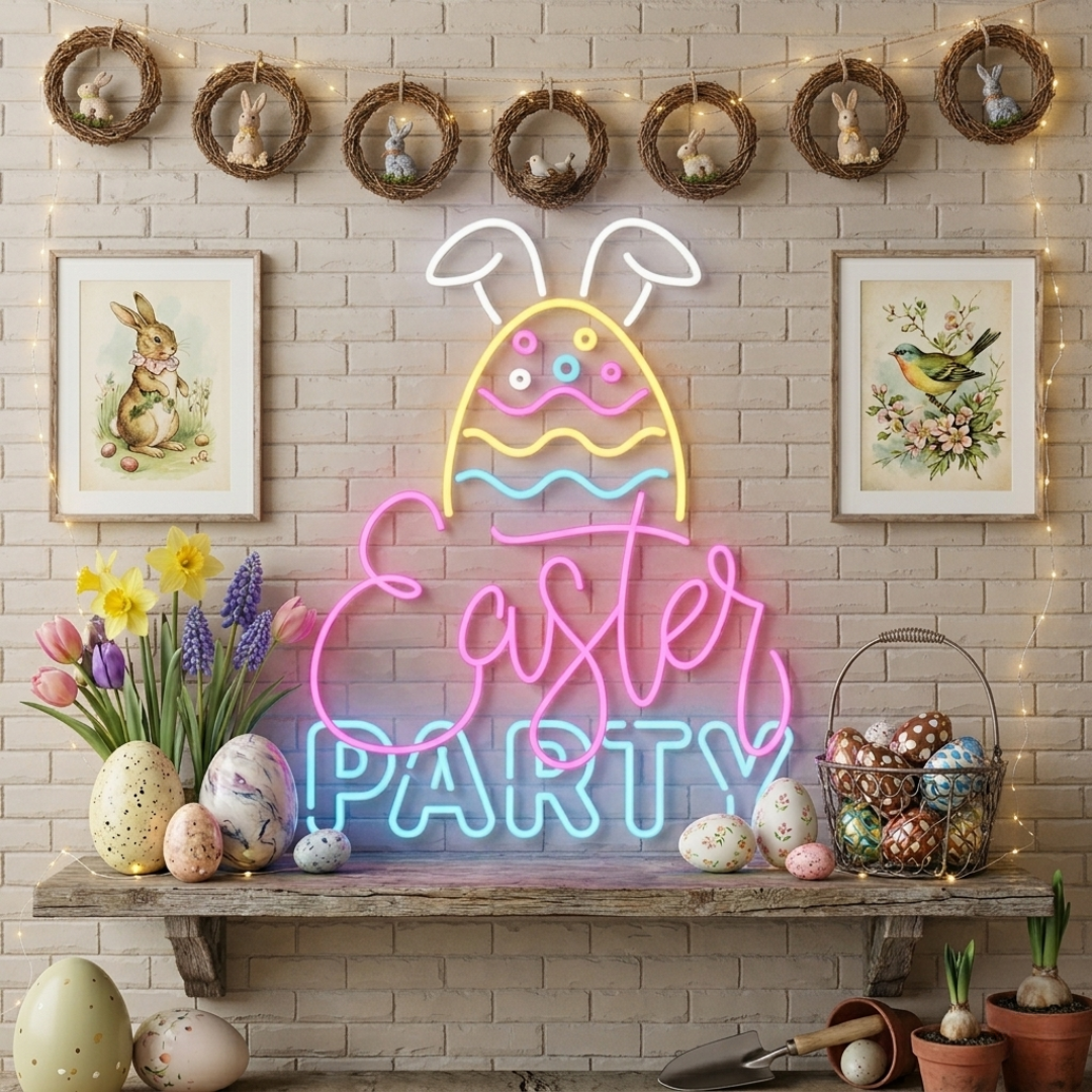 Bright Easter Party neon sign glowing on wall by LEDNeons