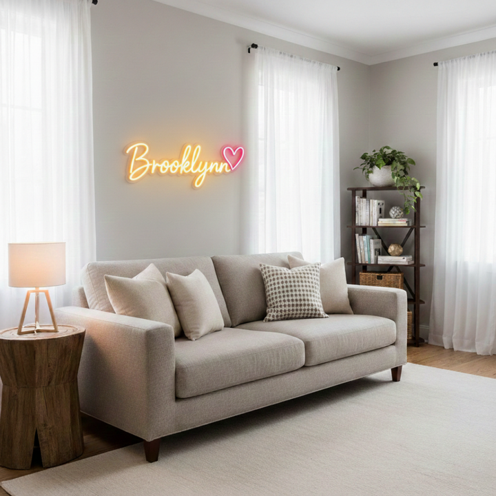 "Brooklyn" name LED Neon sign by LEDNeons -  glowing on a wall, adding a personalized and modern touch to the decor.