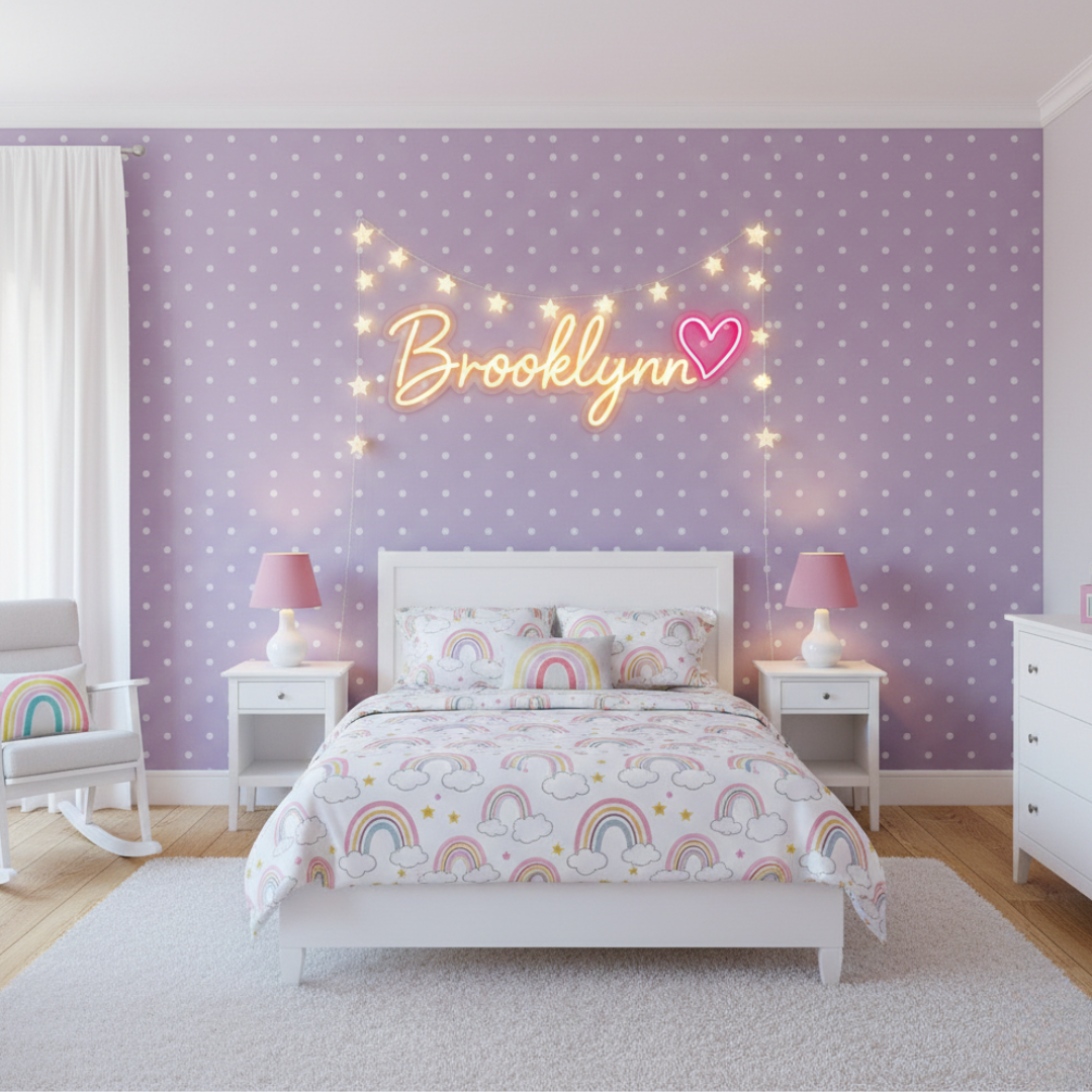 "Brooklyn" name LED Neon sign by LEDNeons  -  glowing on a wall, adding a personalized and modern touch to the decor.