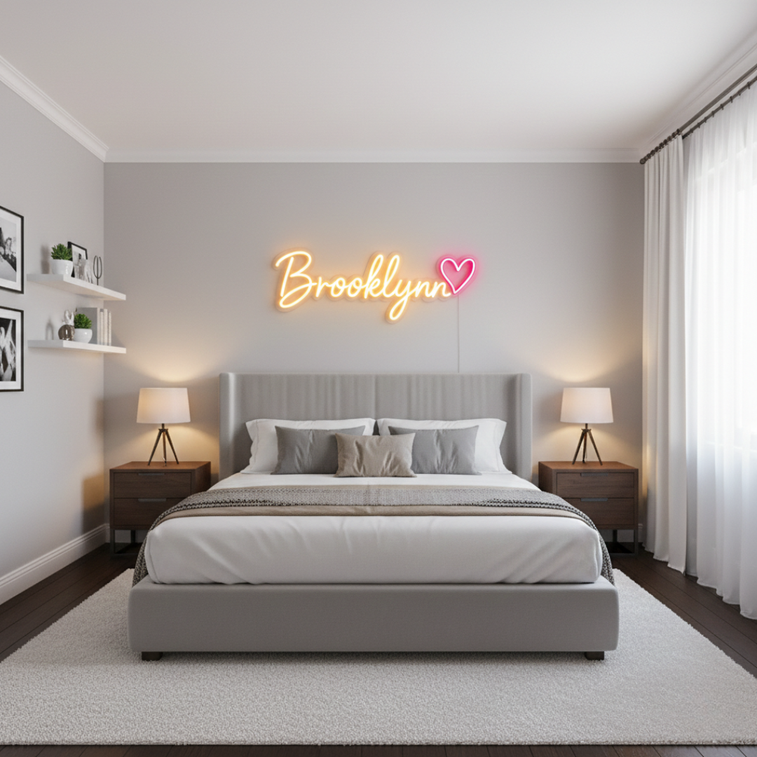 "Brooklyn" name LED Neon sign by LEDNeons  -  glowing on a wall, adding a personalized and modern touch to the decor.