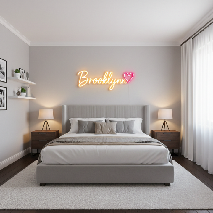 "Brooklyn" name LED Neon sign by LEDNeons  -  glowing on a wall, adding a personalized and modern touch to the decor.