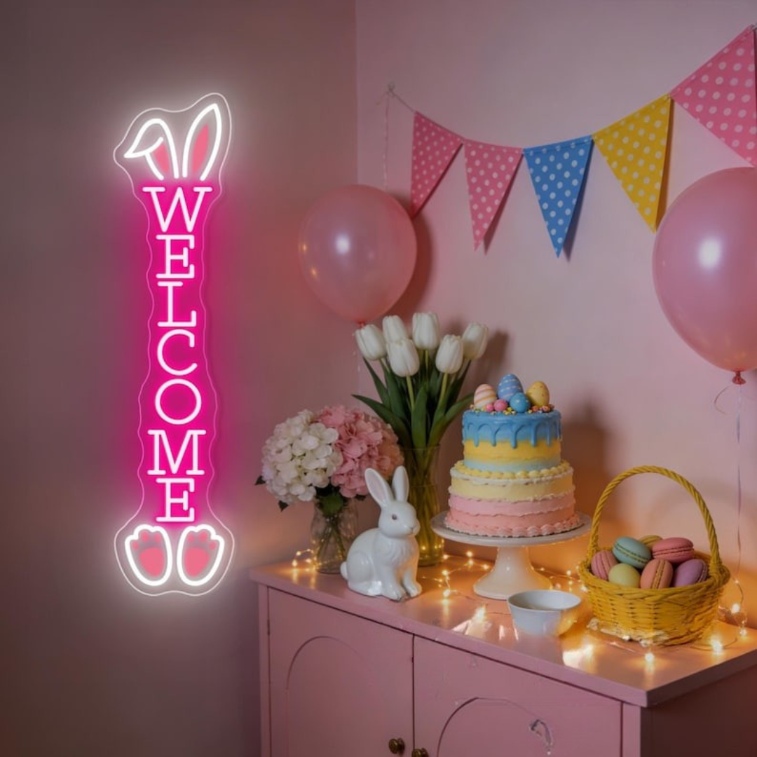 Bunny Welcome Easter neon sign glowing on wall for festive décor by LEDNeons