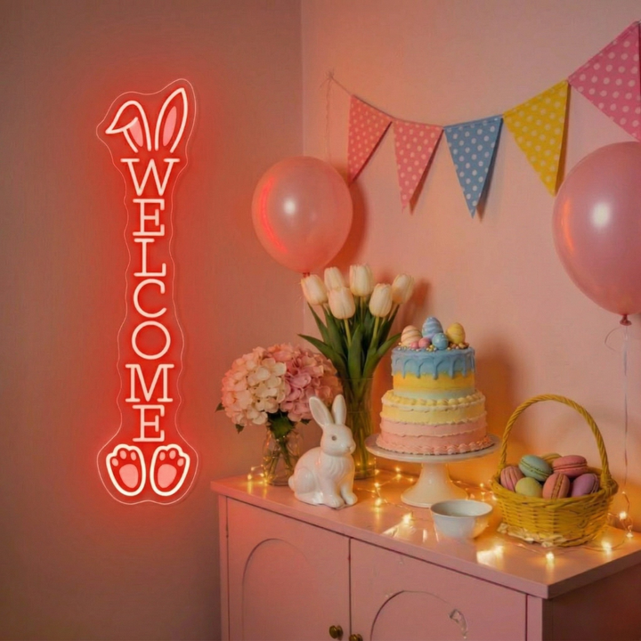 Bunny Welcome Easter neon sign glowing on wall for festive décor by LEDNeons