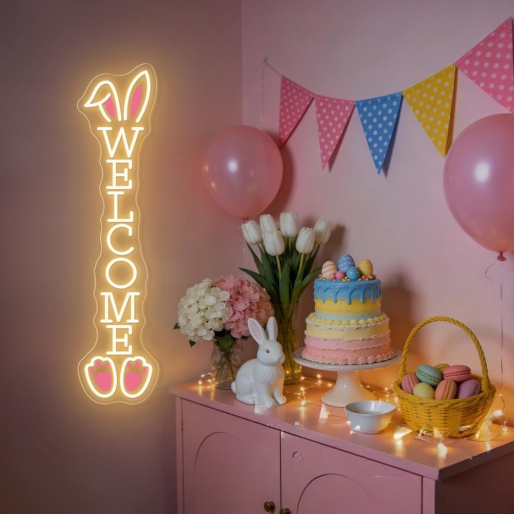 Bunny Welcome Easter neon sign glowing on wall for festive décor by LEDNeons