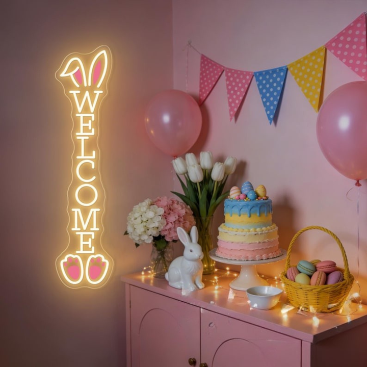 Bunny Welcome Easter neon sign glowing on wall for festive décor by LEDNeons