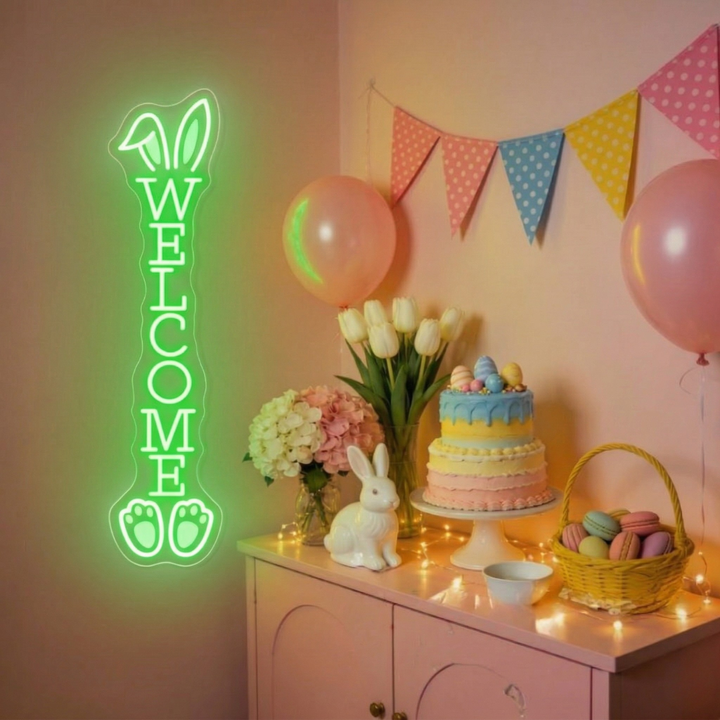 Bunny Welcome Easter neon sign glowing on wall for festive décor by LEDNeons