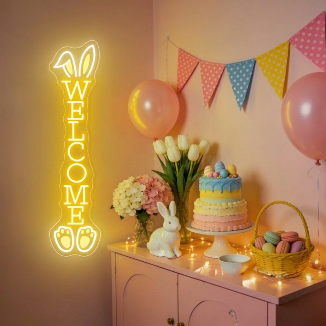Bunny Welcome Easter neon sign glowing on wall for festive décor by LEDNeons