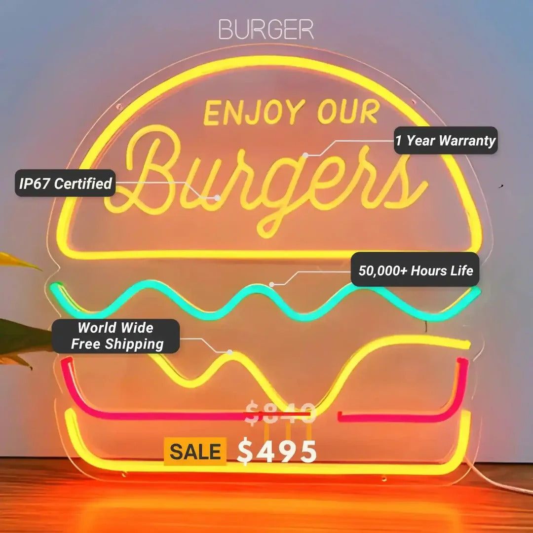 Trendy Burger Neon Sign by LEDNeons - a vibrant LED artwork featuring a glowing burger designs  - Specification