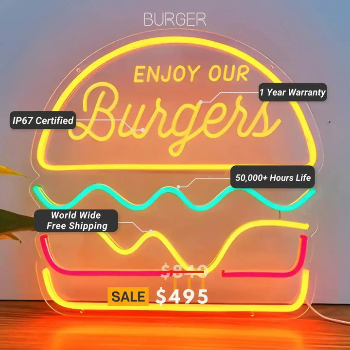 Trendy Burger Neon Sign by LEDNeons - a vibrant LED artwork featuring a glowing burger designs  - Specification