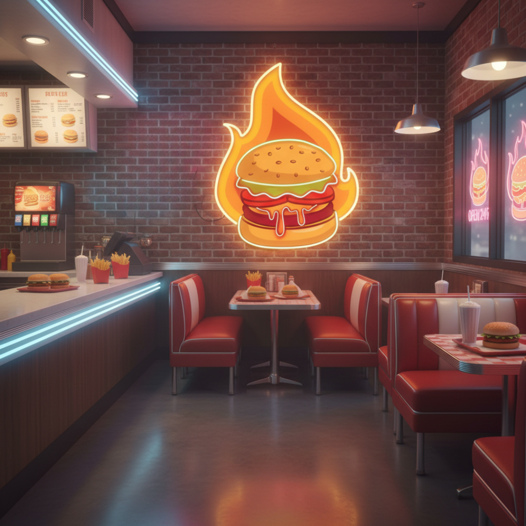 Burger UV Light Neon Artwork by LEDNeons - a bold and colorful neon design 