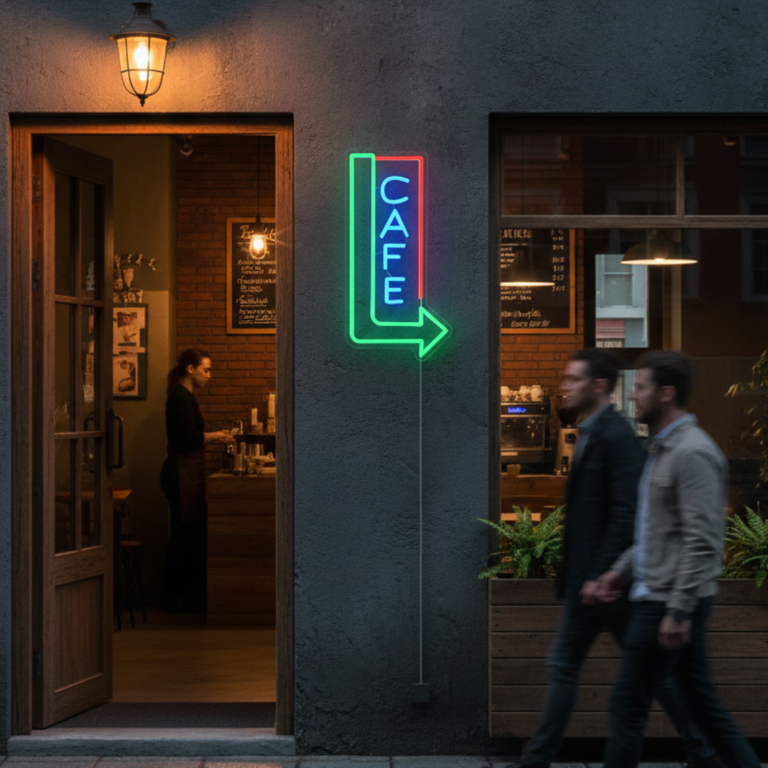 Cafe with Arrow Business Neon Sign by LEDNeons - Bright up your cafe with this LED Neon Sign 