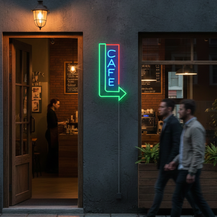 Cafe with Arrow Business Neon Sign by LEDNeons - Bright up your cafe with this LED Neon Sign 