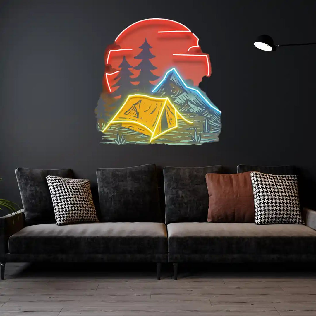 Camping Under Red Moon UV Art LED Neon Sign in red, yellow and blue colour by LedNeons.com - Dark Background
