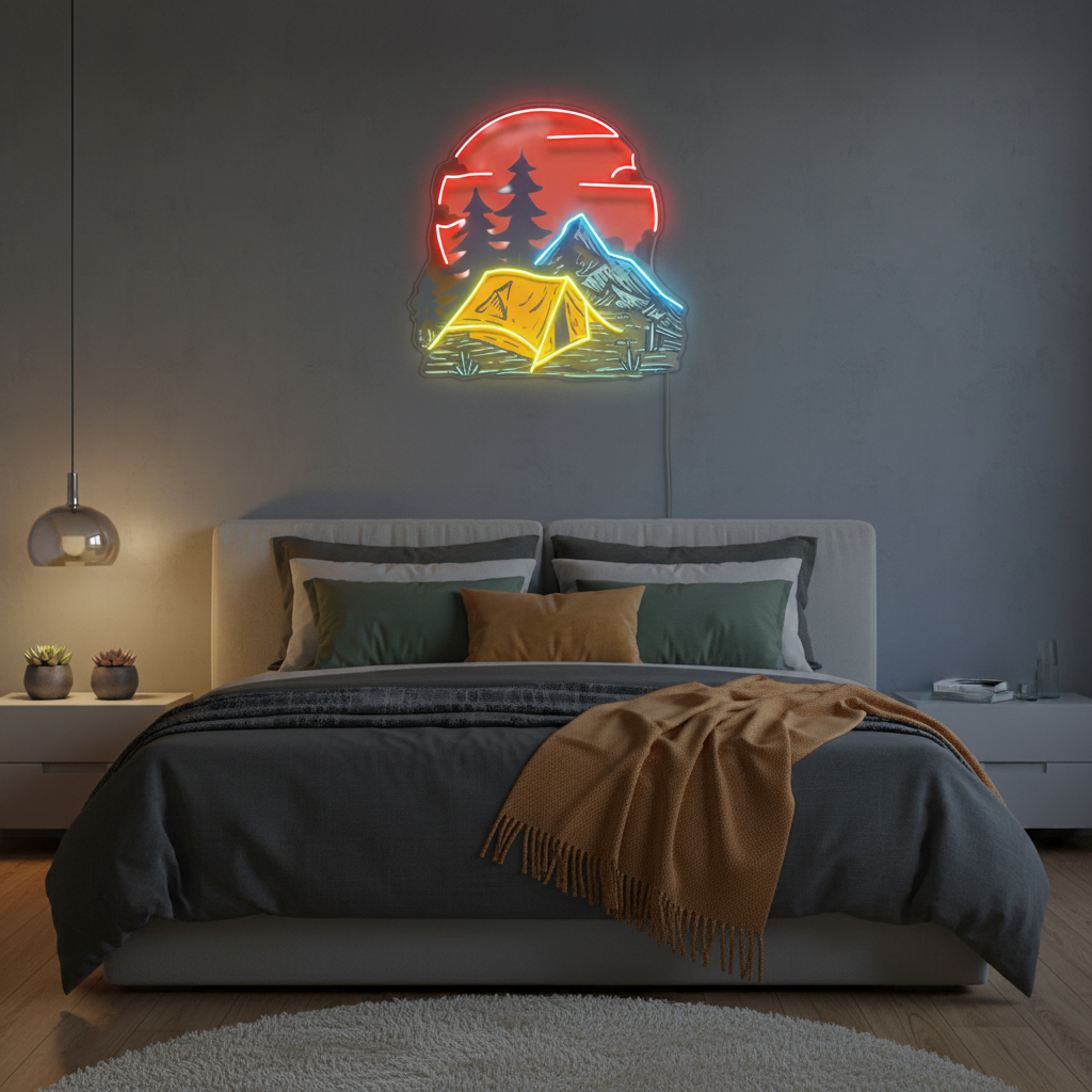 Camping Under Red Moon UV Art LED Neon Sign in red, yellow and blue colour by LEDNeons