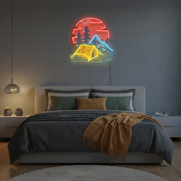 Camping Under Red Moon UV Art LED Neon Sign in red, yellow and blue colour by LEDNeons