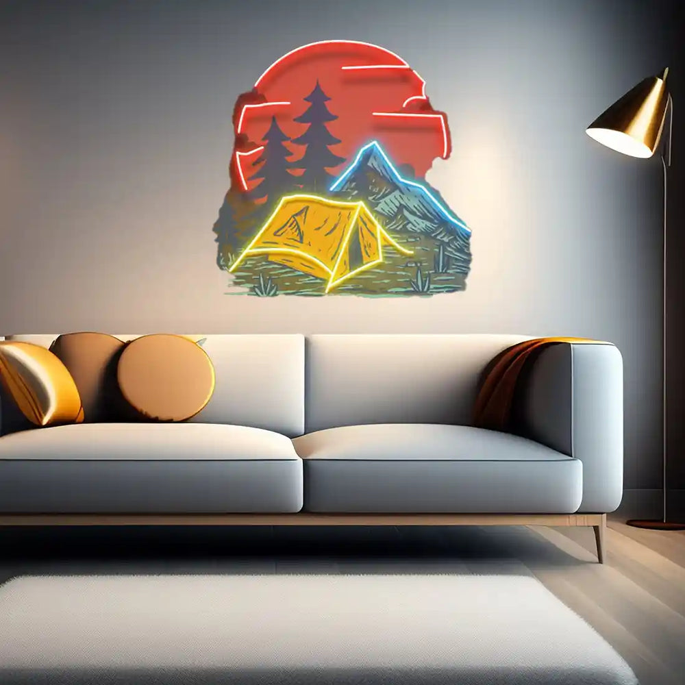 Camping Under Red Moon UV Art LED Neon Sign in red, yellow and blue colour by LedNeons.com - Light Background