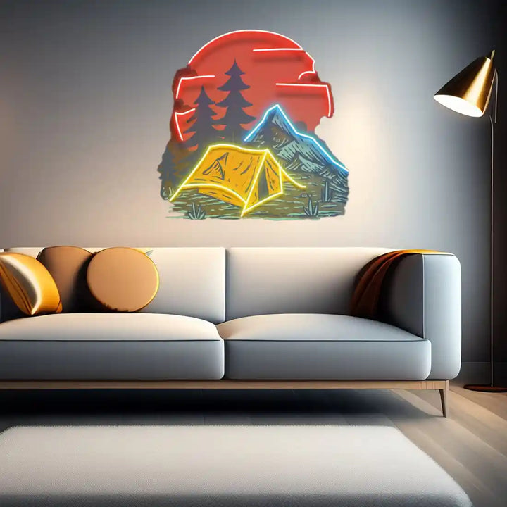 Camping Under Red Moon UV Art LED Neon Sign in red, yellow and blue colour by LedNeons.com - Light Background