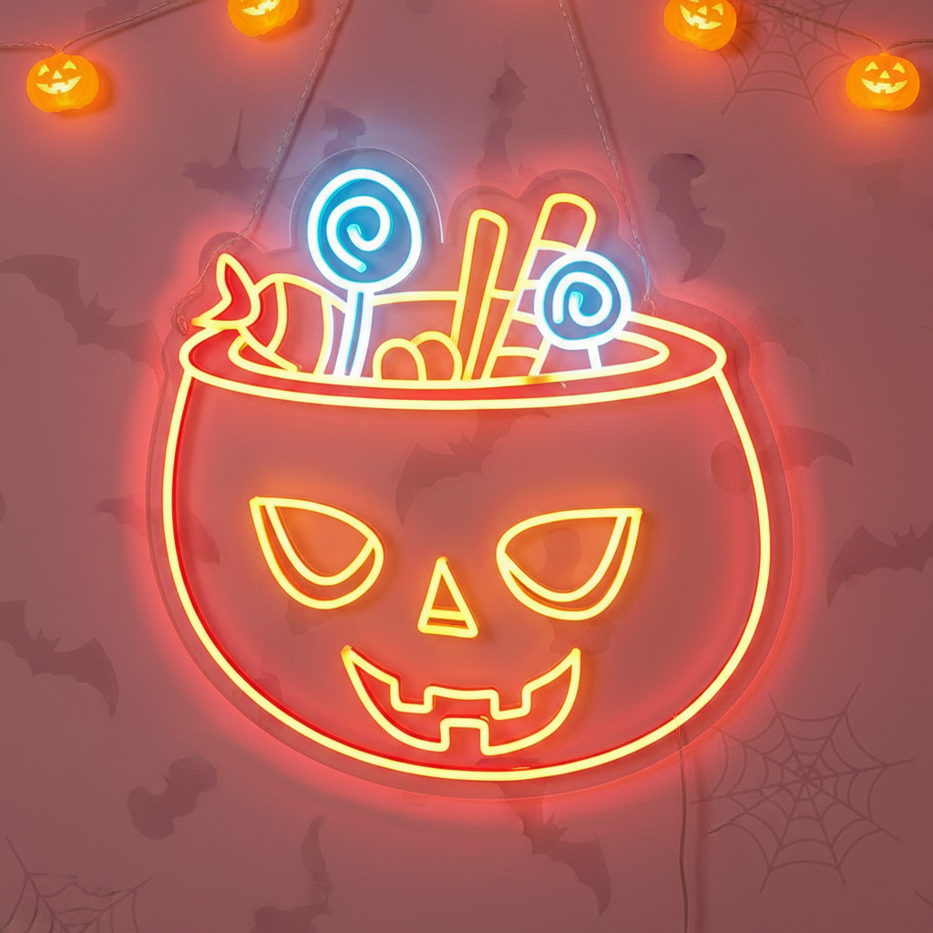 Candy Pumpkin Halloween LED Neon Sign by LEDNeons - Hanging 