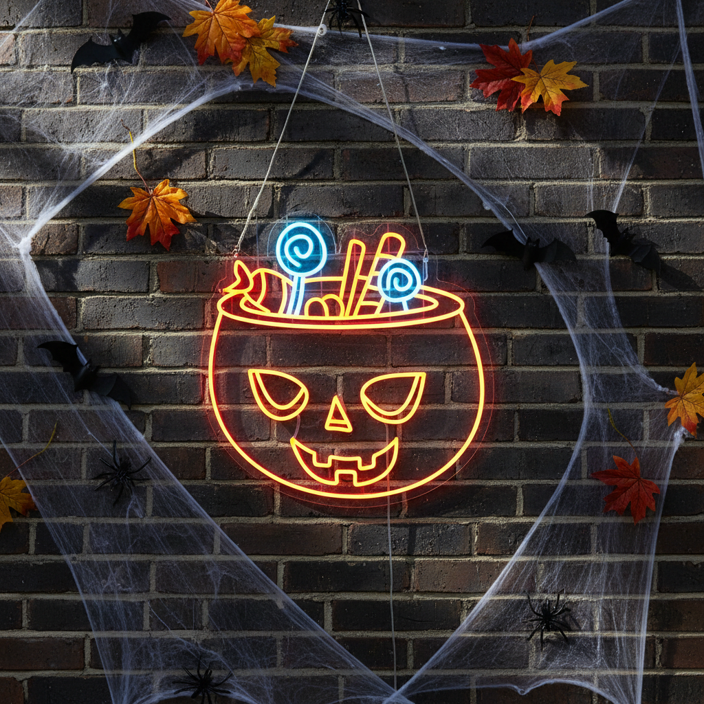 Candy Pumpkin Halloween LED Neon Sign by LEDNeons - Hanging 