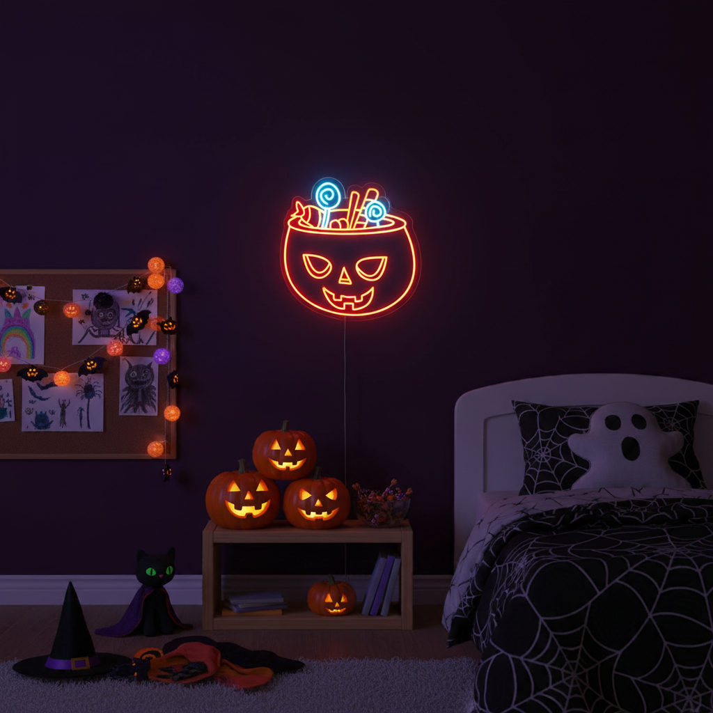 Candy Pumpkin Halloween LED Neon Sign by LEDNeons - Hanging 