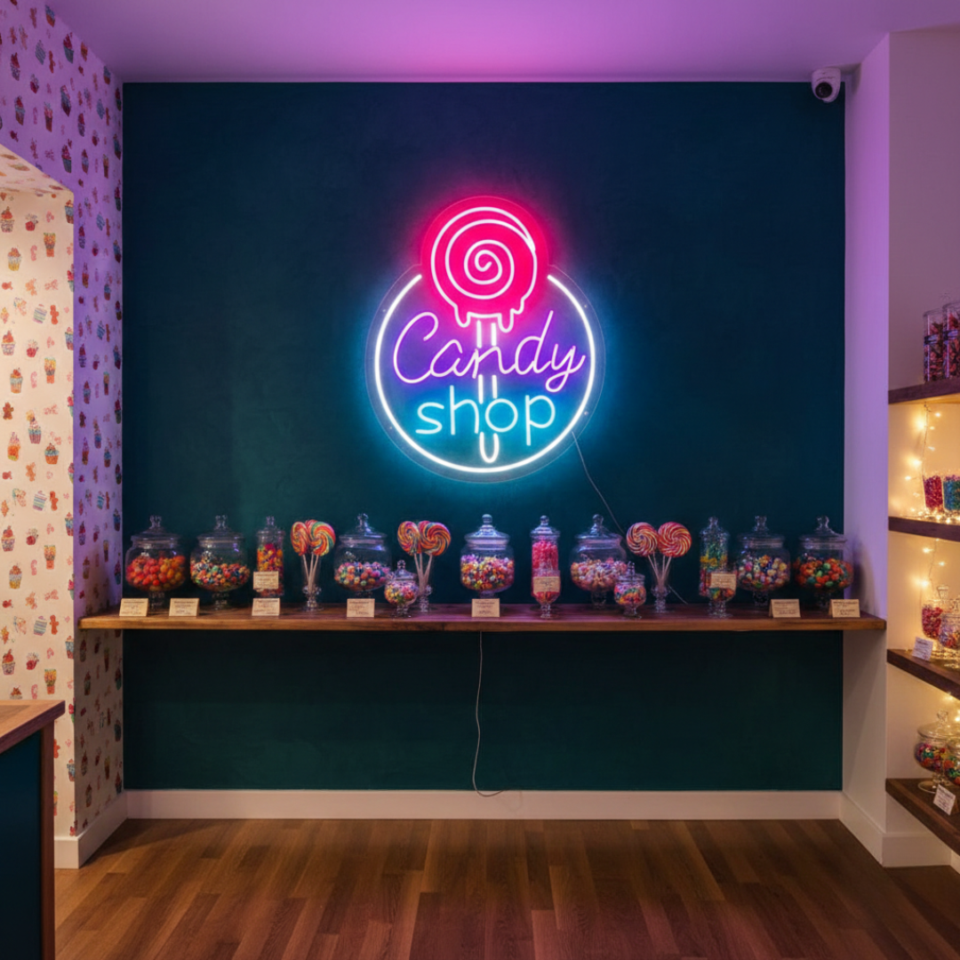 Candy Shop Business Neon Sign by LEDNeons - Colorful Candy Shop Neon Light attracting customers