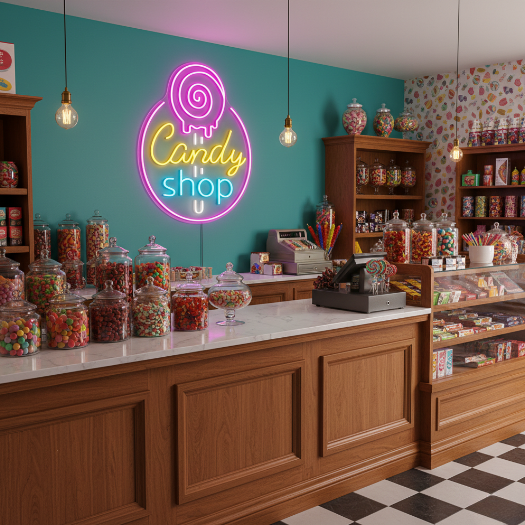 Candy Shop Business Neon Sign by LEDNeons - Colorful Candy Shop Neon Light attracting customers