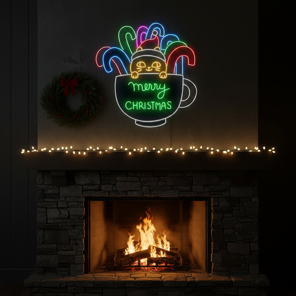 Cat Cup Candy Cane Merry Christmas Neon Sign by LEDNeons - perfect for a cozy holiday atmosphere.