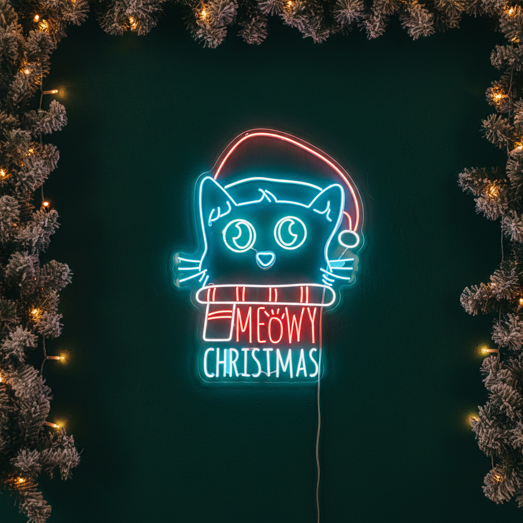 Cat Meowy Christmas Neon Sign by LEDNeons - glowing in bright neon colors for a cheerful Christmas decoration.