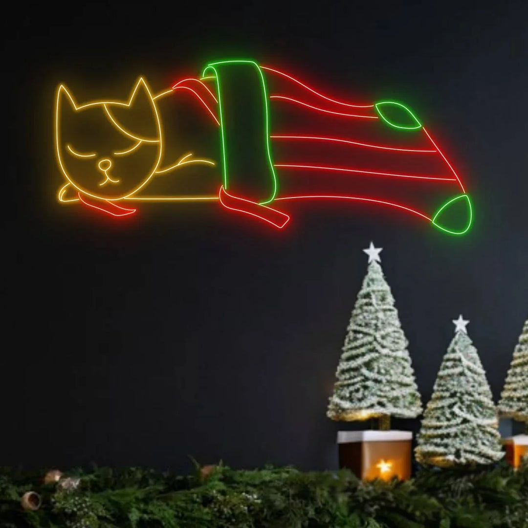 Cat in Noel Sock Neon Sign by LEDNeons  - glowing with vibrant neon colors to bring a playful touch to your Christmas decor.