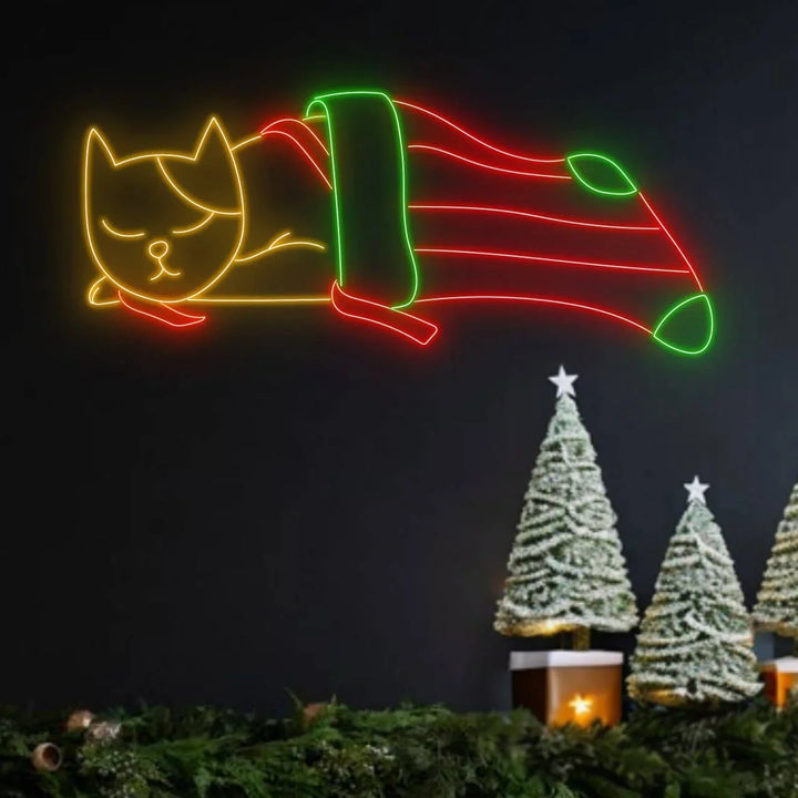Cat in Noel Sock Neon Sign by LEDNeons  - glowing with vibrant neon colors to bring a playful touch to your Christmas decor.