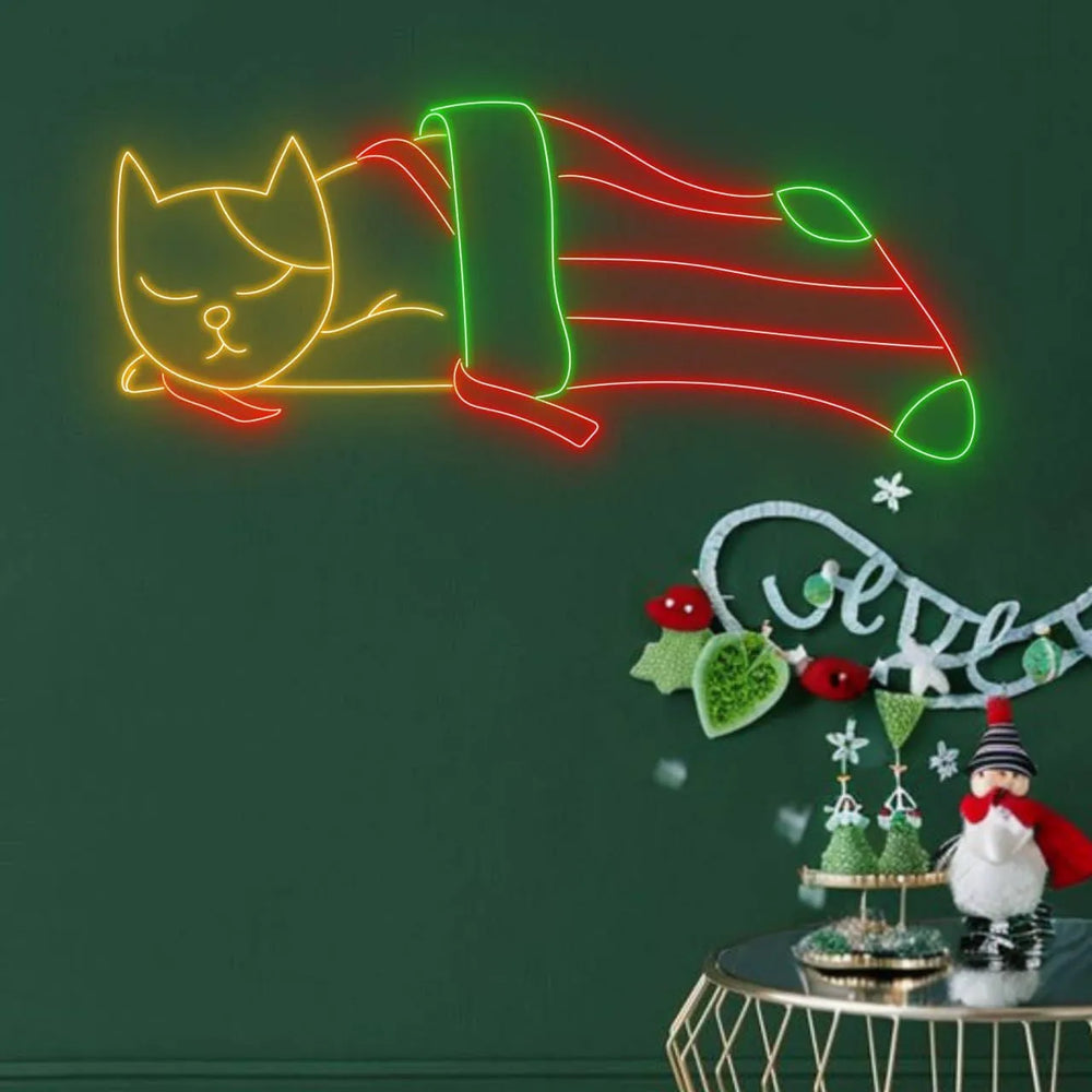 Cat in Noel Sock Neon Sign by LEDNeons  - glowing with vibrant neon colors to bring a playful touch to your Christmas decor.