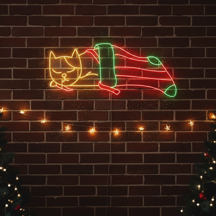 Cat in Noel Sock Neon Sign by LEDNeons  - glowing with vibrant neon colors to bring a playful touch to your Christmas decor.