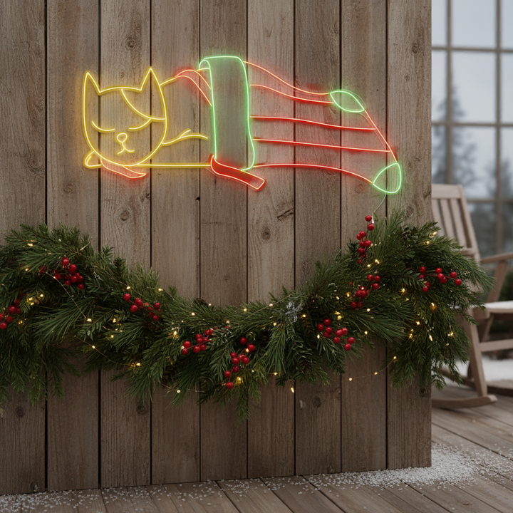 Cat in Noel Sock Neon Sign by LEDNeons  - glowing with vibrant neon colors to bring a playful touch to your Christmas decor.