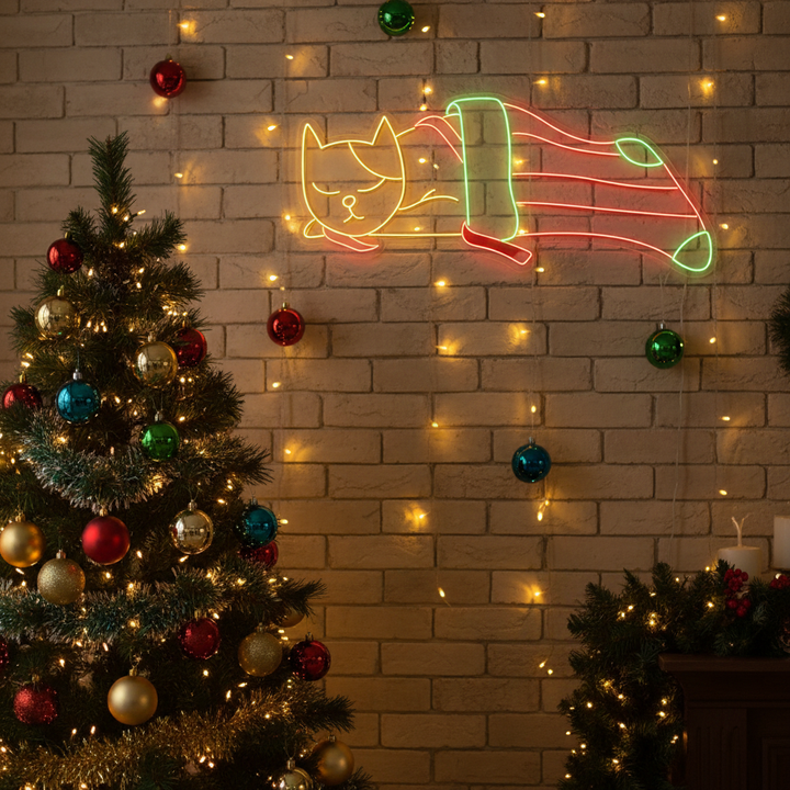 Cat in Noel Sock Neon Sign by LEDNeons  - glowing with vibrant neon colors to bring a playful touch to your Christmas decor.