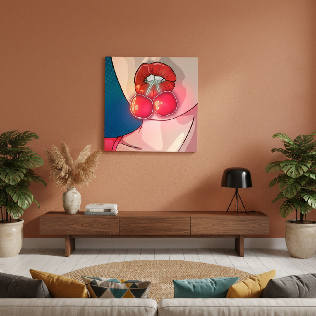 Cherry on Lips UV Neon Artwork by LEDNeons – bold and seductive neon design featuring glossy lips holding a cherry