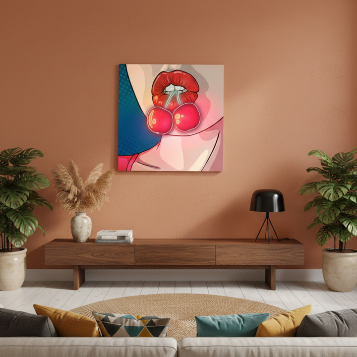 Cherry on Lips UV Neon Artwork by LEDNeons – bold and seductive neon design featuring glossy lips holding a cherry