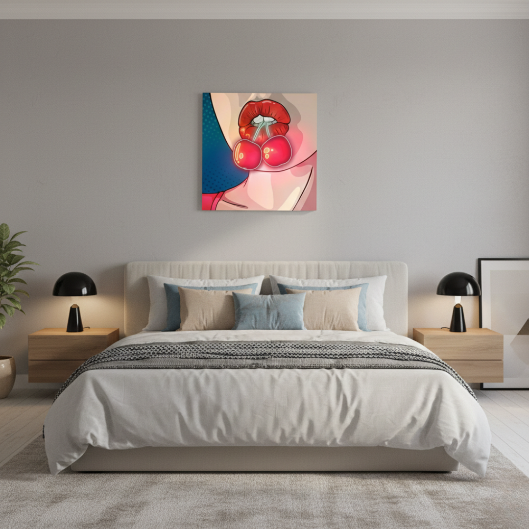 Cherry on Lips UV Neon Artwork by LEDNeons – bold and seductive neon design featuring glossy lips holding a cherry