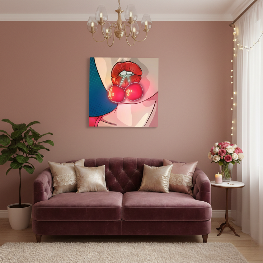 Cherry on Lips UV Neon Artwork by LEDNeons – bold and seductive neon design featuring glossy lips holding a cherry