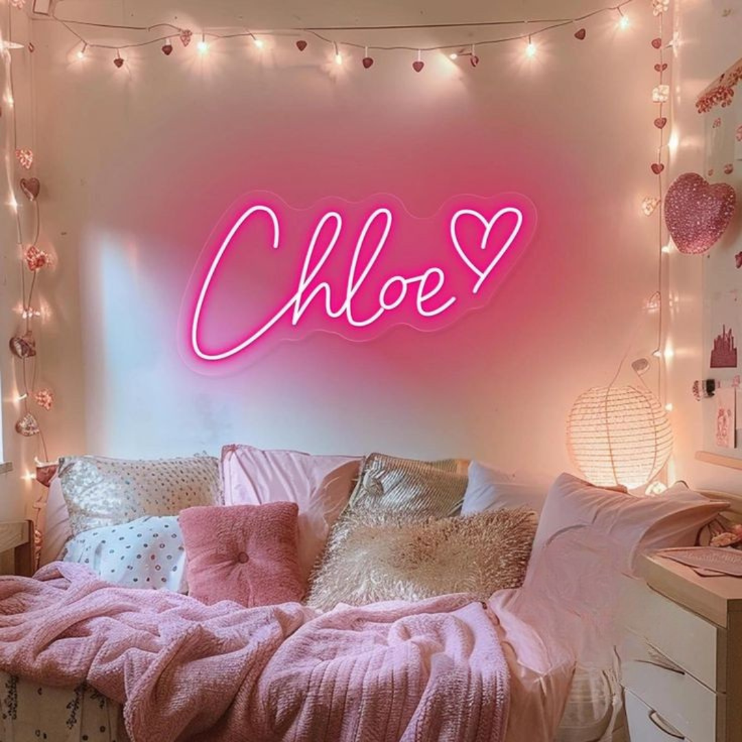 Chloe name Neon sign by LEDNeons -  lit up on a wall, offering a personalized and stylish decorative accent.