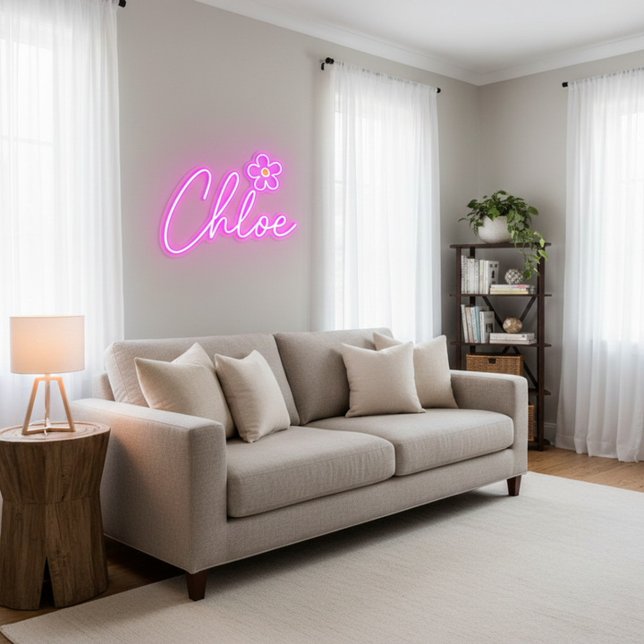 Chloe name Neon sign by LEDNeons -  lit up on a wall, offering a personalized and stylish decorative accent.