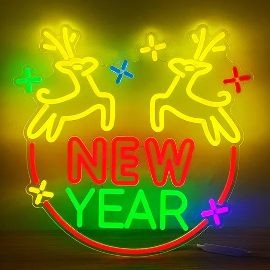 Christmas Deer New Year Neon Sign by LEDNeons glowing in warm festive colors for holiday home and event décor