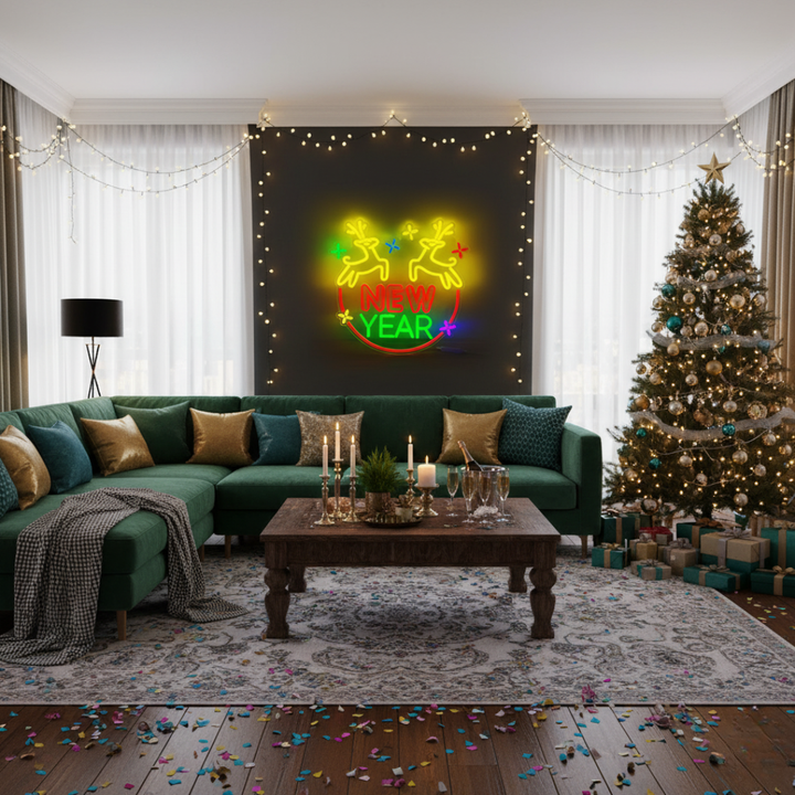 Christmas Deer New Year Neon Sign by LEDNeons glowing in warm festive colors for holiday home and event décor