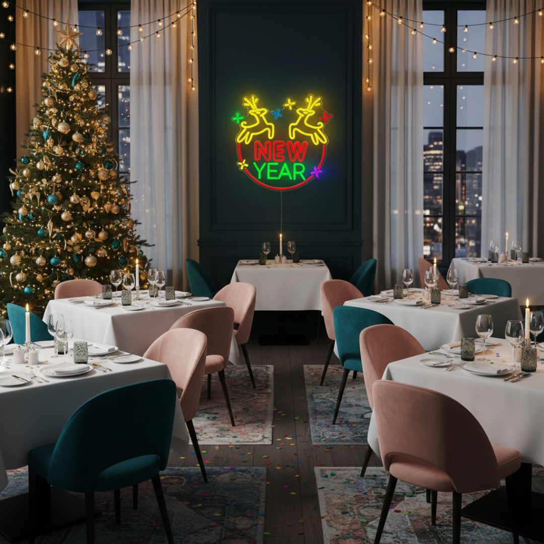 Christmas Deer New Year Neon Sign by LEDNeons glowing in warm festive colors for holiday home and event décor