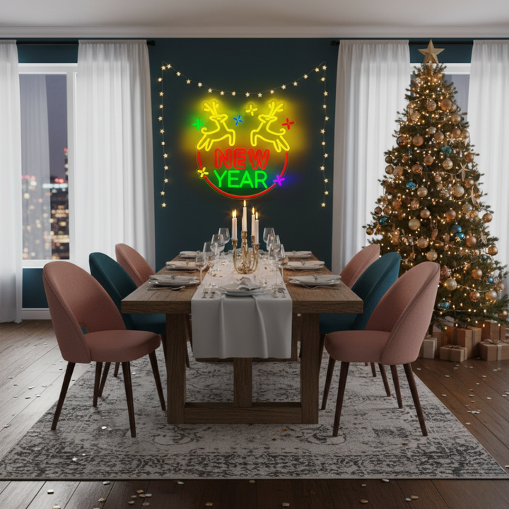 Christmas Deer New Year Neon Sign by LEDNeons glowing in warm festive colors for holiday home and event décor
